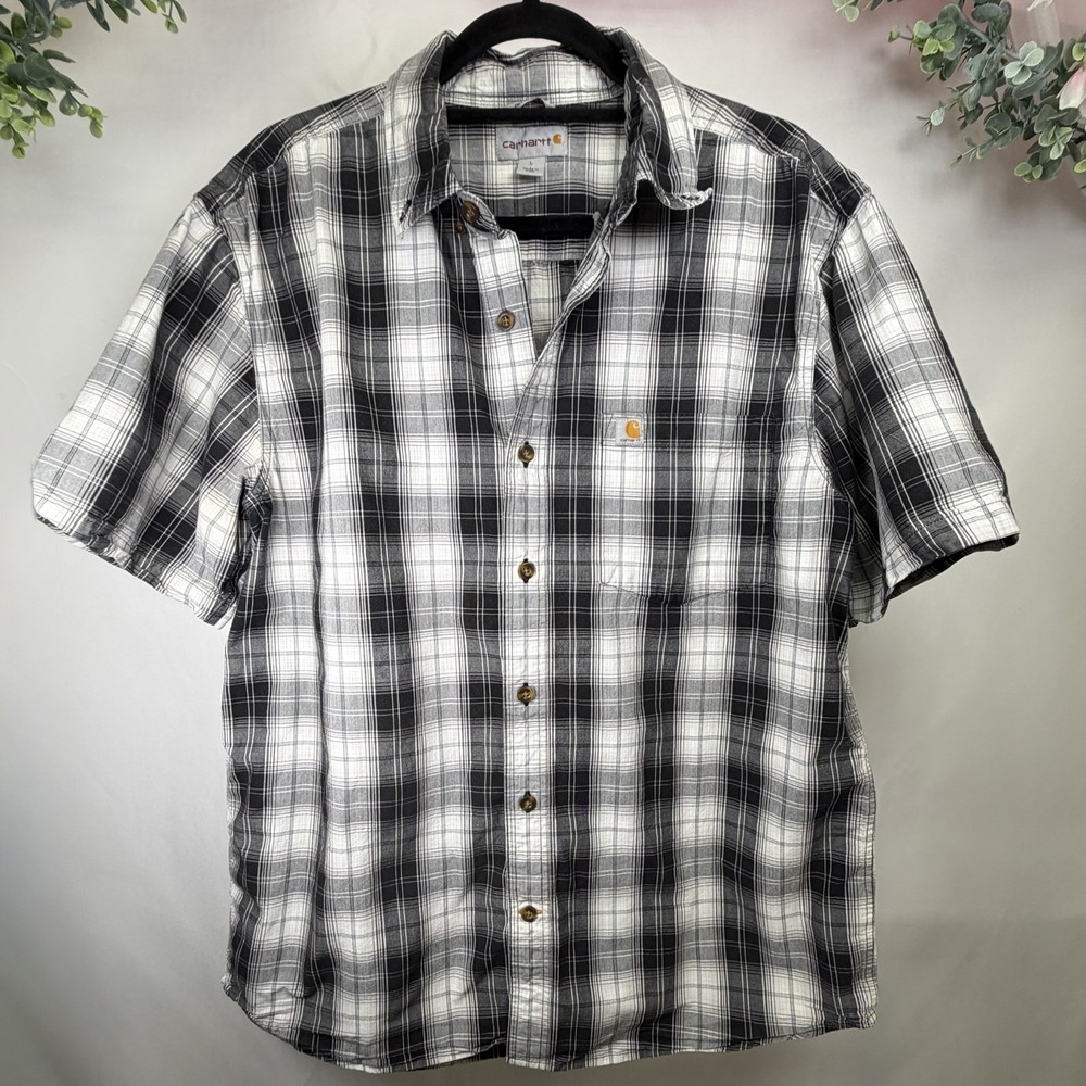 Carhartt‎ Mens Relaxed Fit Short Sleeve Button Down Plaid Shirt Black Large